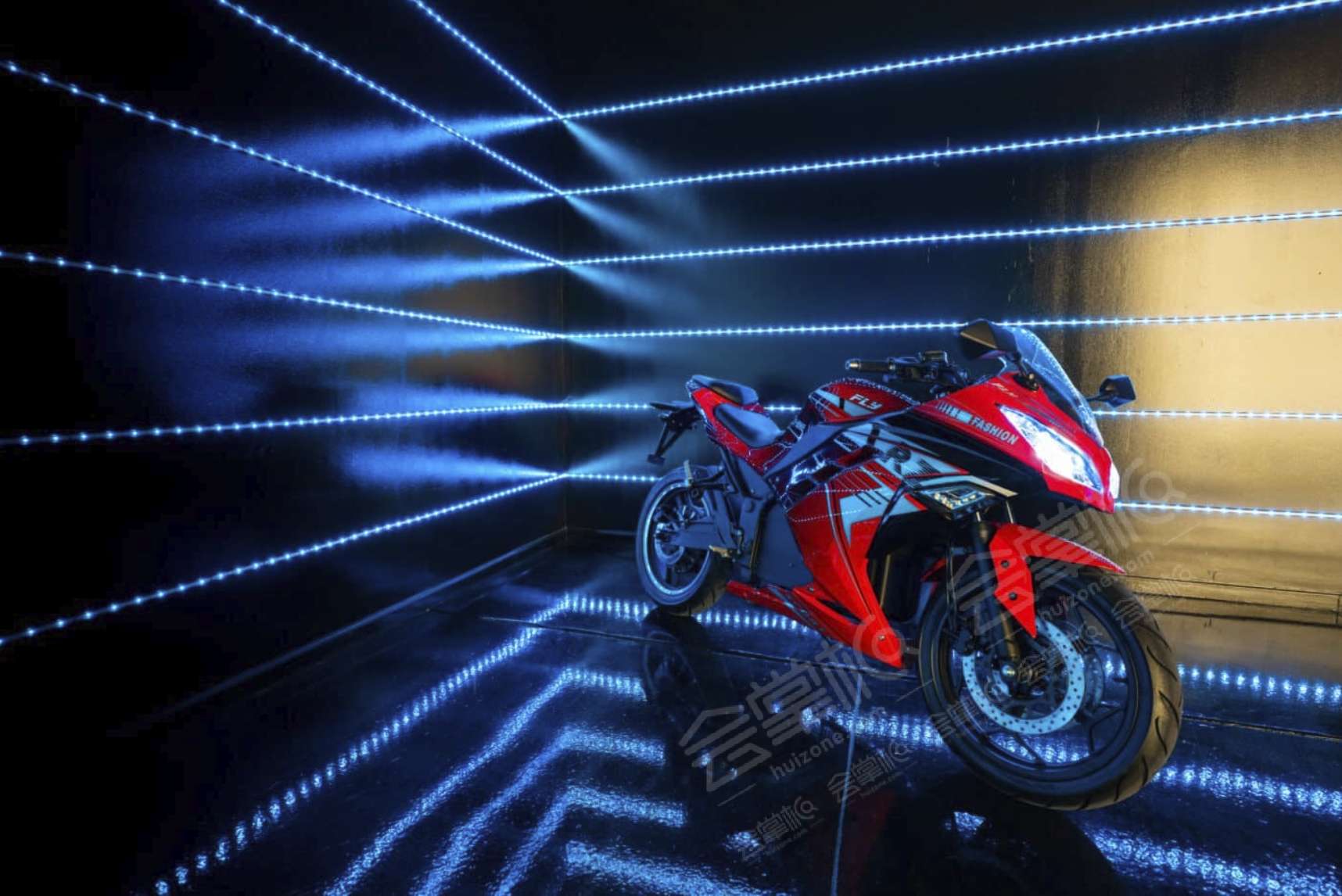 Chi-1 Large blackout studio with high ceilings, a Sport Bike, controllable sound synchronized RGB Lights, and RGB Tunnel for car photo and video shoots