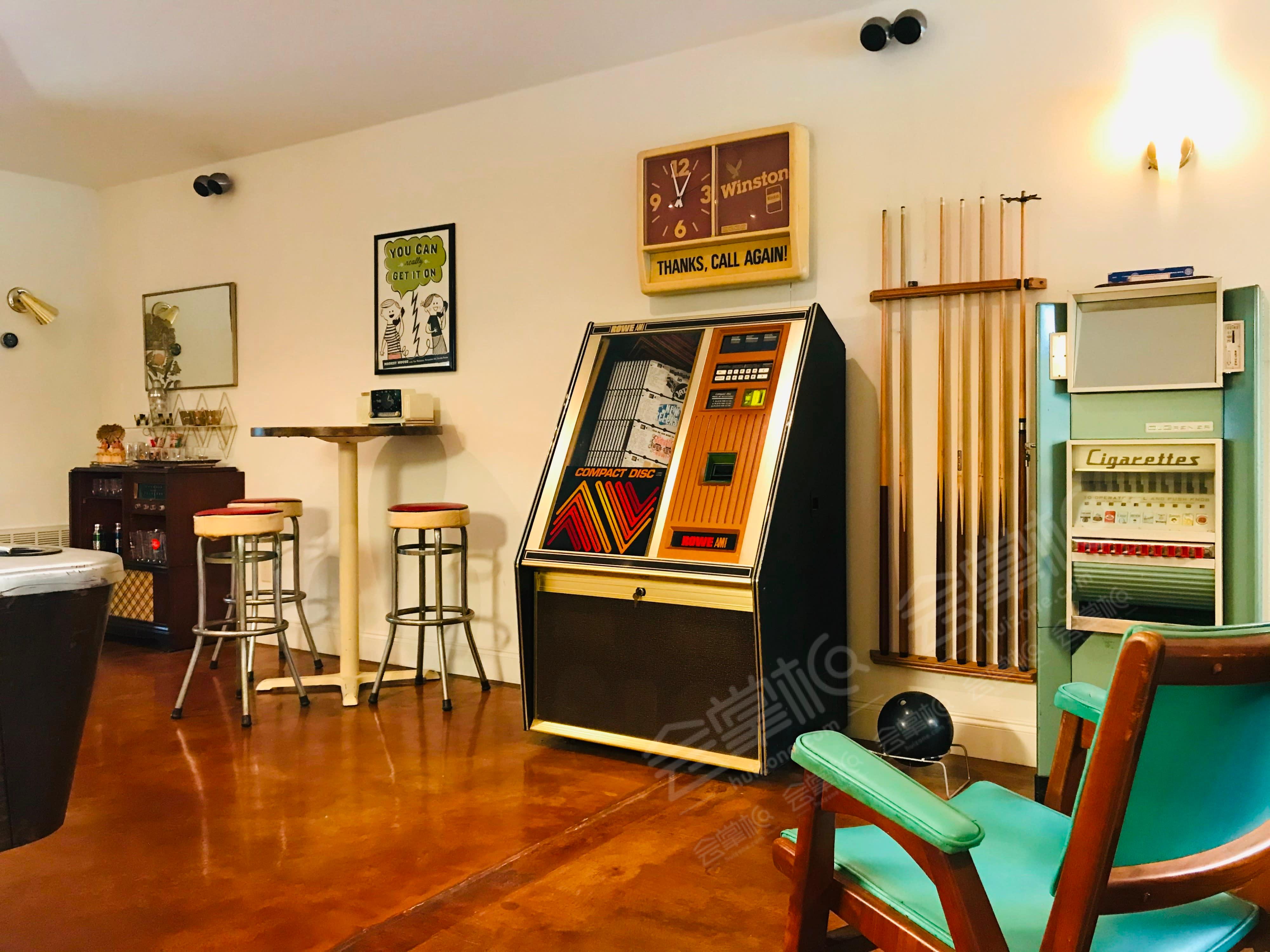 Funky Retro Gameroom with Swimming Pool, Pergola and Backyard Vintage Trailer in a Country Setting