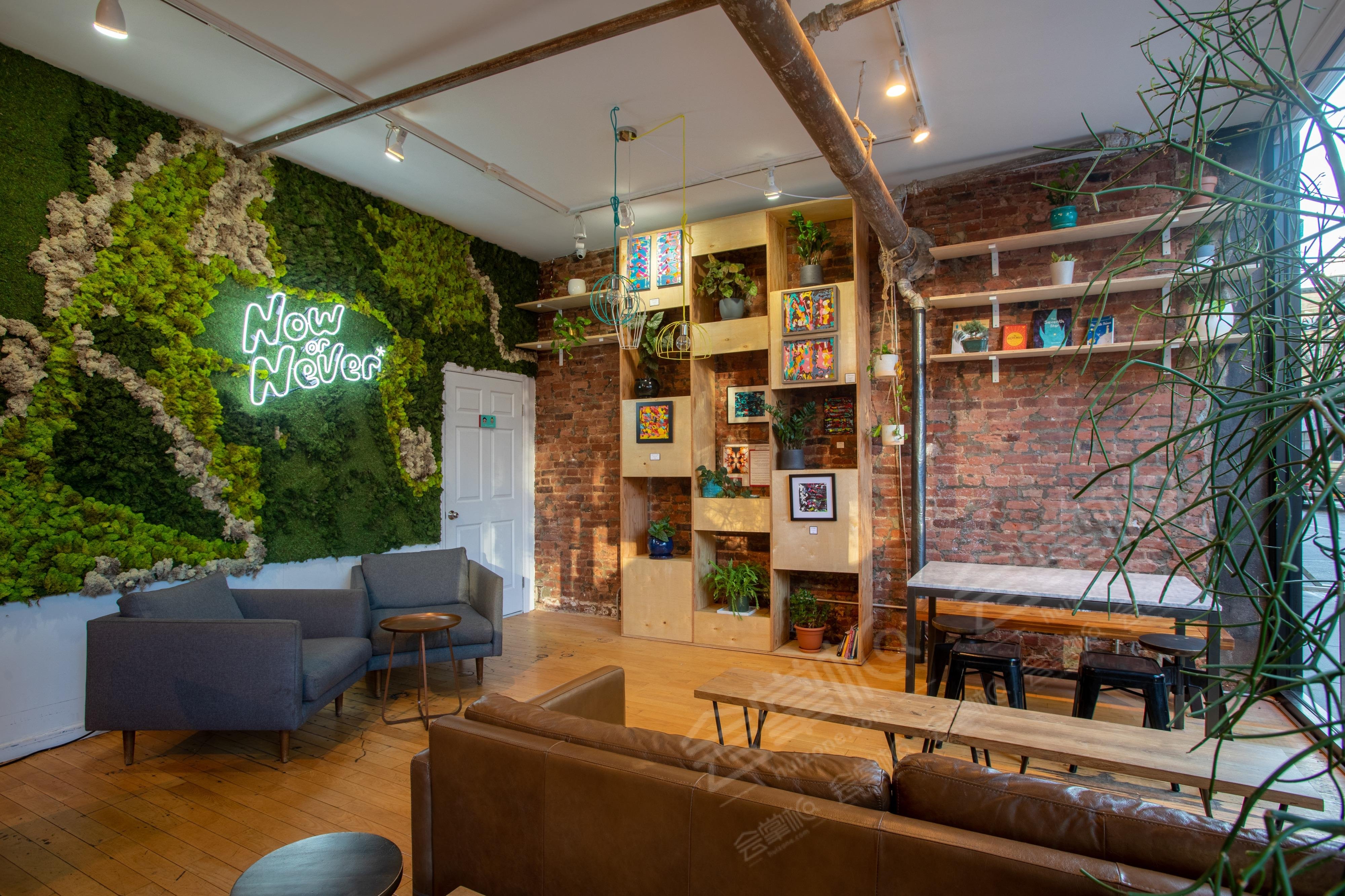 Beautiful brick wall exposed cozy coffee shop in SOHO